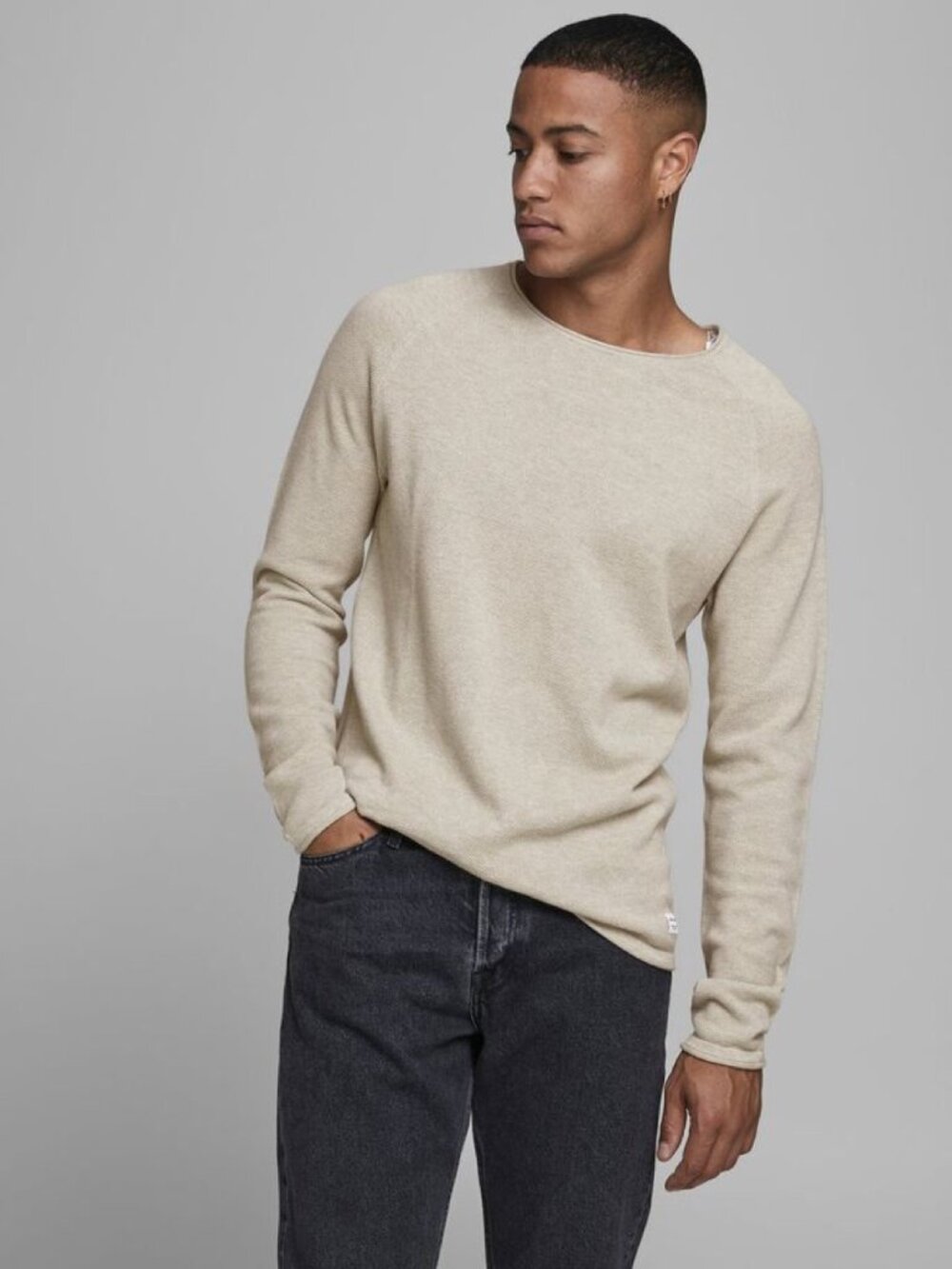 JACK & JONES Beige Textured Knit Cotton Crewneck Sweater Large